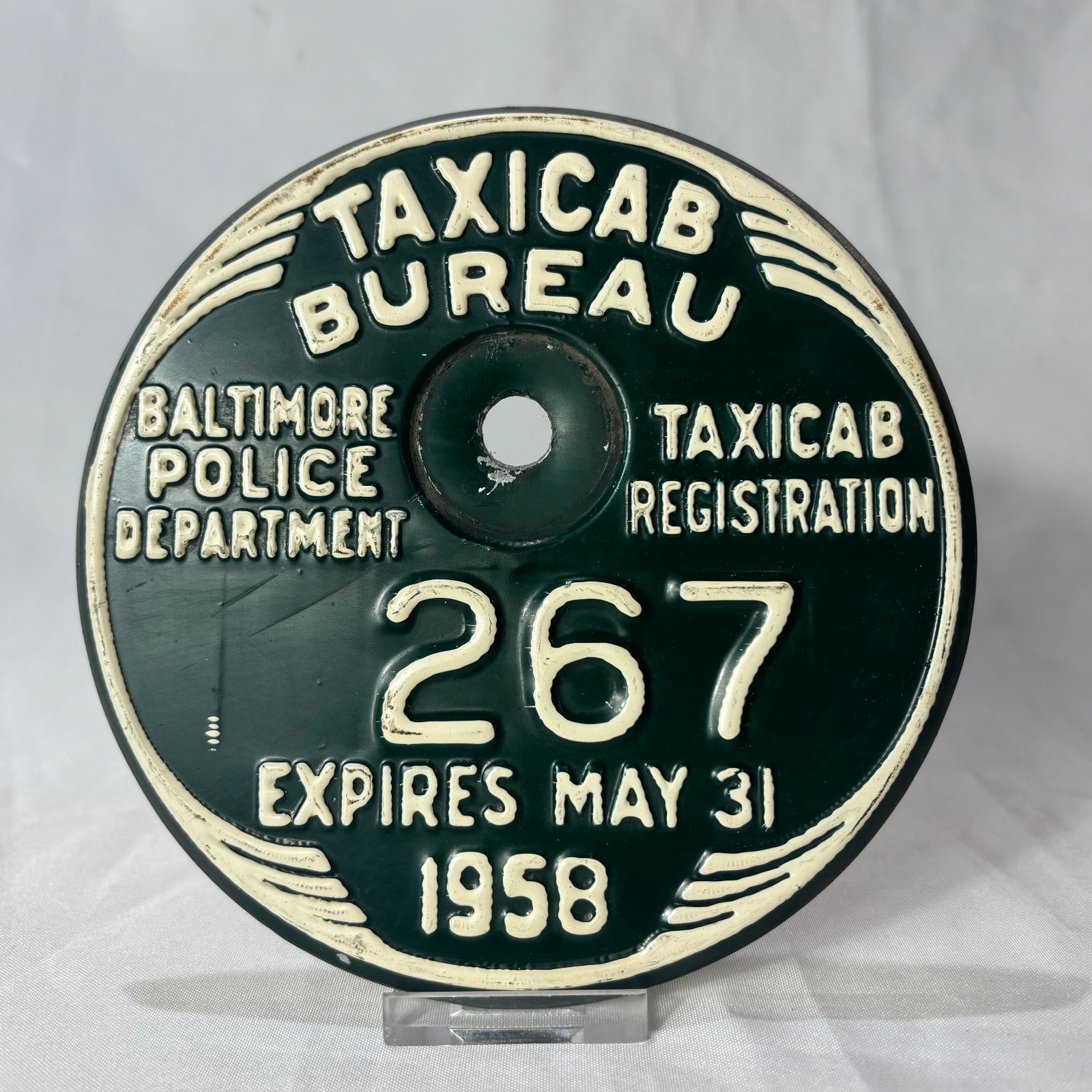 1958 Baltimore Police Department Taxicab Bureau #267 Metal Registration Plate
