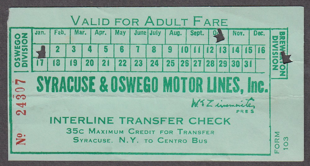 Syracuse & Oswego Motor Lines bus adult fare transfer check ca 1950s