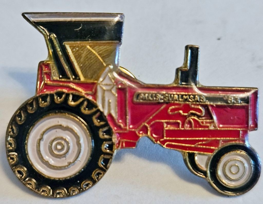Vintage Allis Saulmsas Red Tractor ~Enamel Lapel Hat Pin ~ 80’s ~ RARE