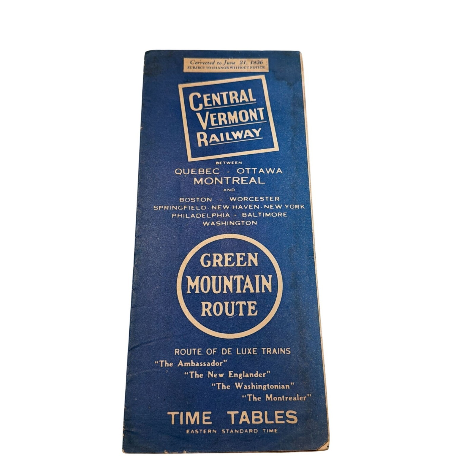 Vintage 1936 Central Vermont Railway Time Tables Green Mountain Route Map Train