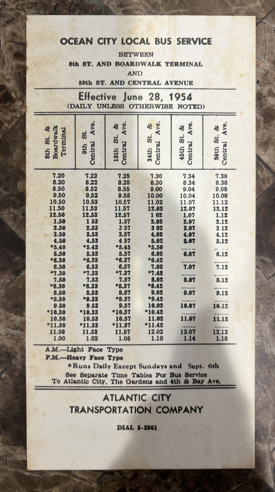June 28, 1954 Atlantic City Transportation Company Ocean City Local Bus Schedule