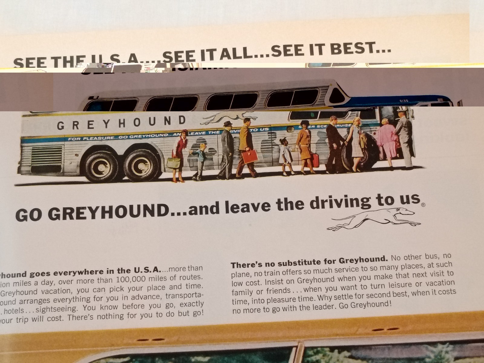 Vintage 1965 Greyhound Bus Print Ad Center Page Ad W/ Insert From Life Magazine