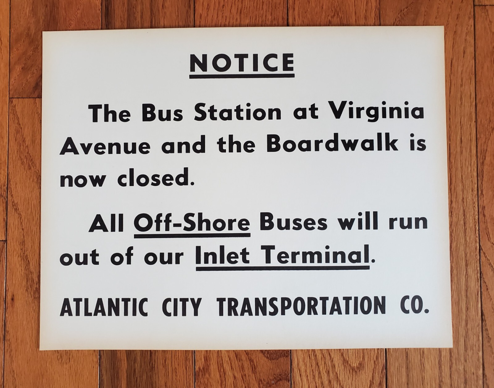 VINTAGE ATLANTIC CITY TRANSPORTATION CO. ACTC BUS NOTICE POSTER NEW JERSEY NJ –