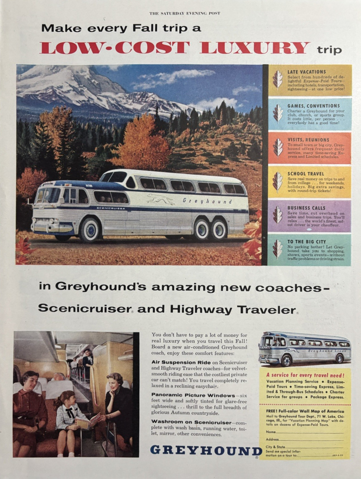 1955 Greyhound Bus Low Cost Luxury New Coaches Scenicruiser Vintage Print Ad