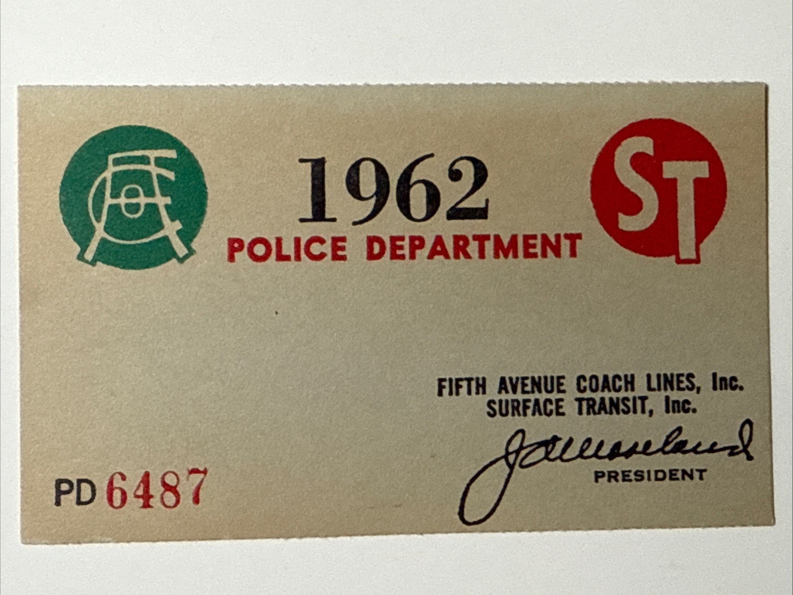 1962 NYC New York Fifth Avenue Coach Lines Police Dept Bus Transit Pass Card Vtg