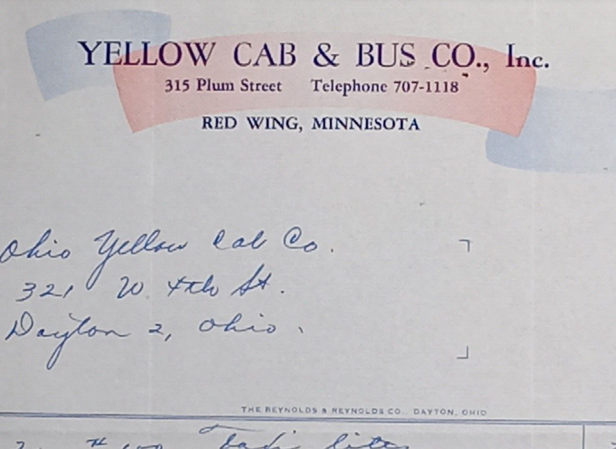 Red Wing Minnesota Yellow Cab Bus Co. Letterhead Bill “Taxi Lites” Vintage 1948