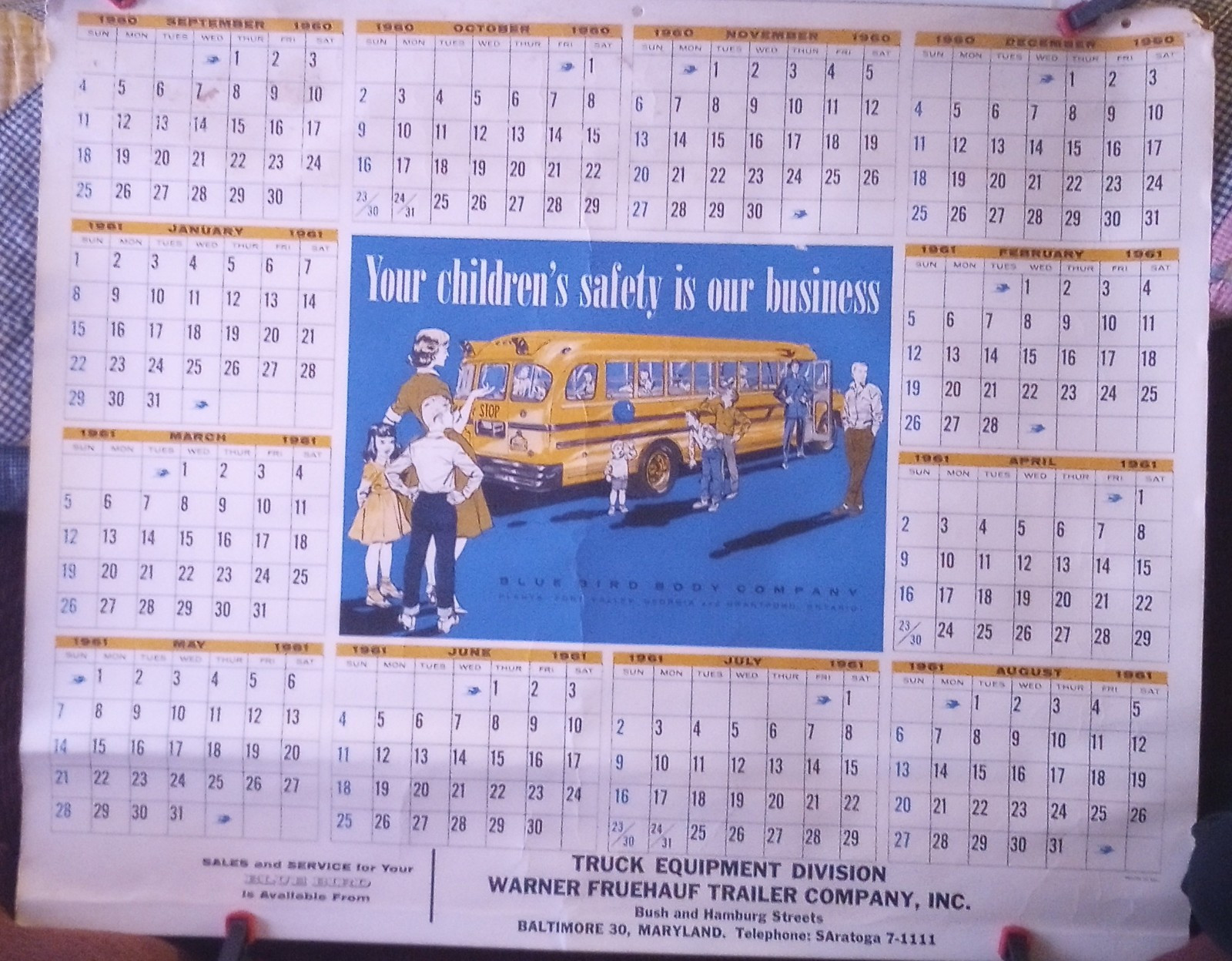 1960-61 Bluebird School Bus Calendar From Warner Fruehauf Company Baltimore MD