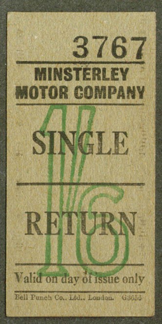 Minsterley Motor Co bus tiicket 1’6 Minsterley England