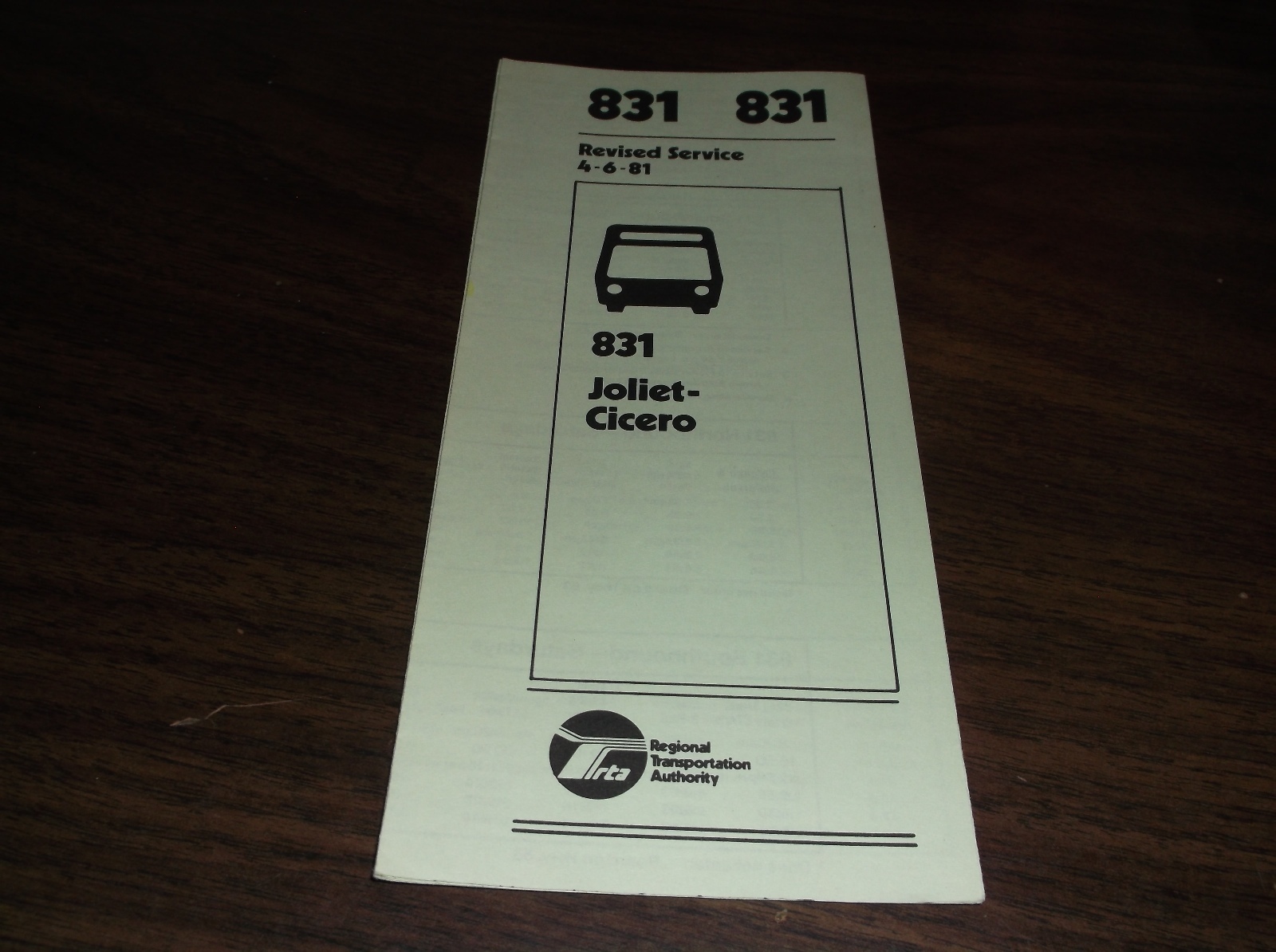 APRIL 1981 CHICAGO RTA ROUTE 831 JOLIET BUS SCHEDULE