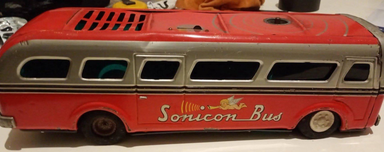 VINTAGE OLD USED MASUDAYA TIN JAPANESE AUTOBÚS COLECTIVO SONICON RED BUS