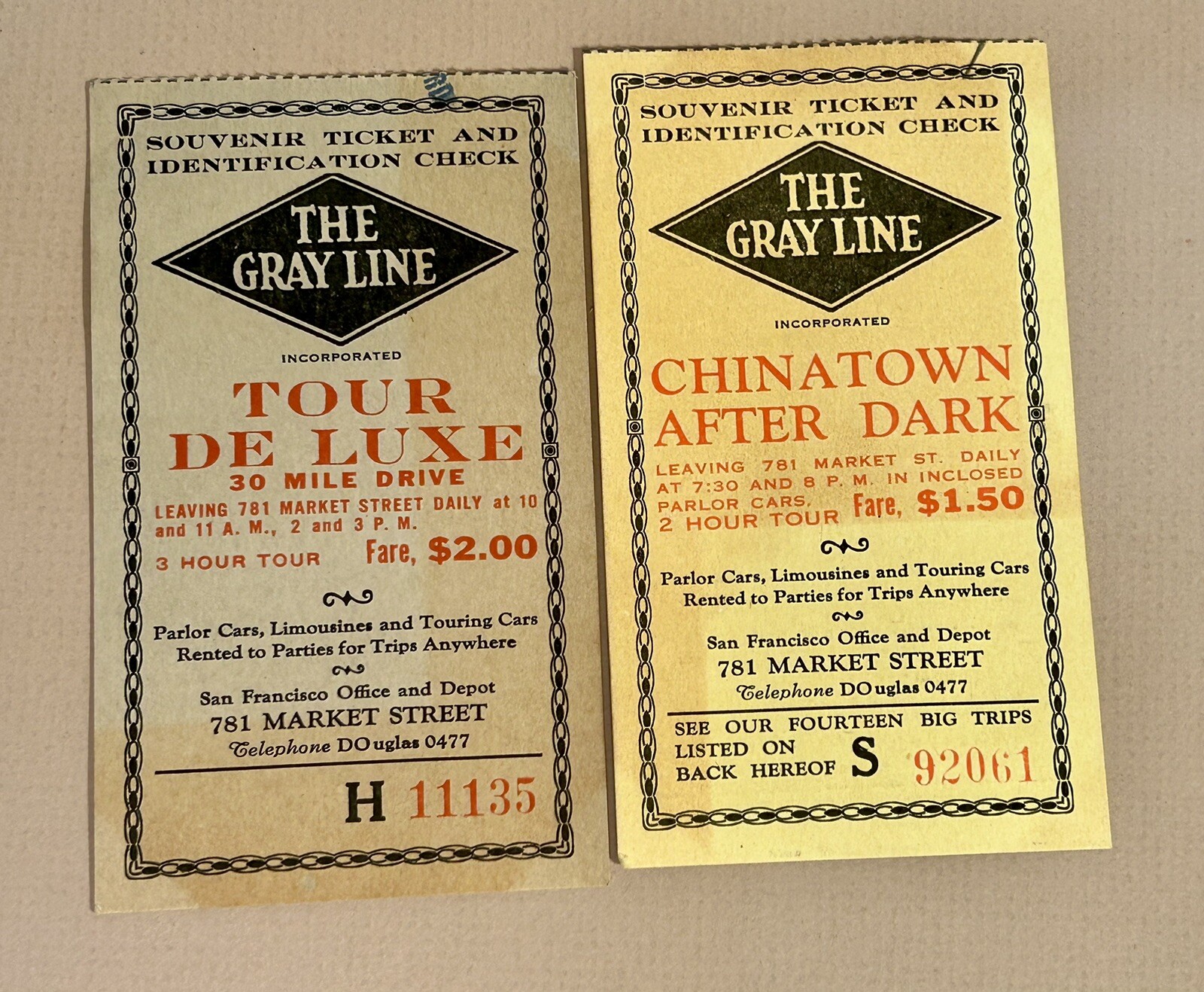 Vintage 1935 The Gray Line Ticket Stubs San Francisco California