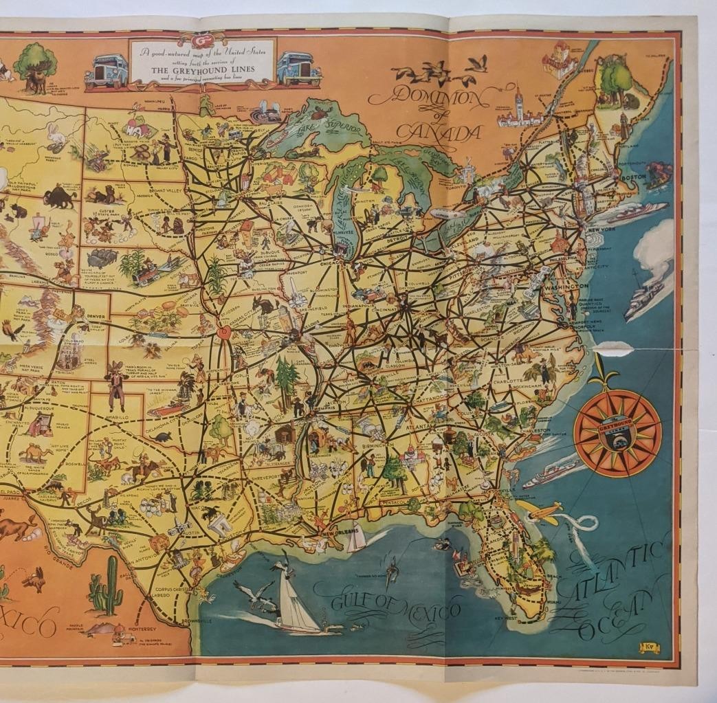 ca. 1935 VINTAGE GREYHOUND BUS LINES PICTORIAL MAP of the UNITED STATES