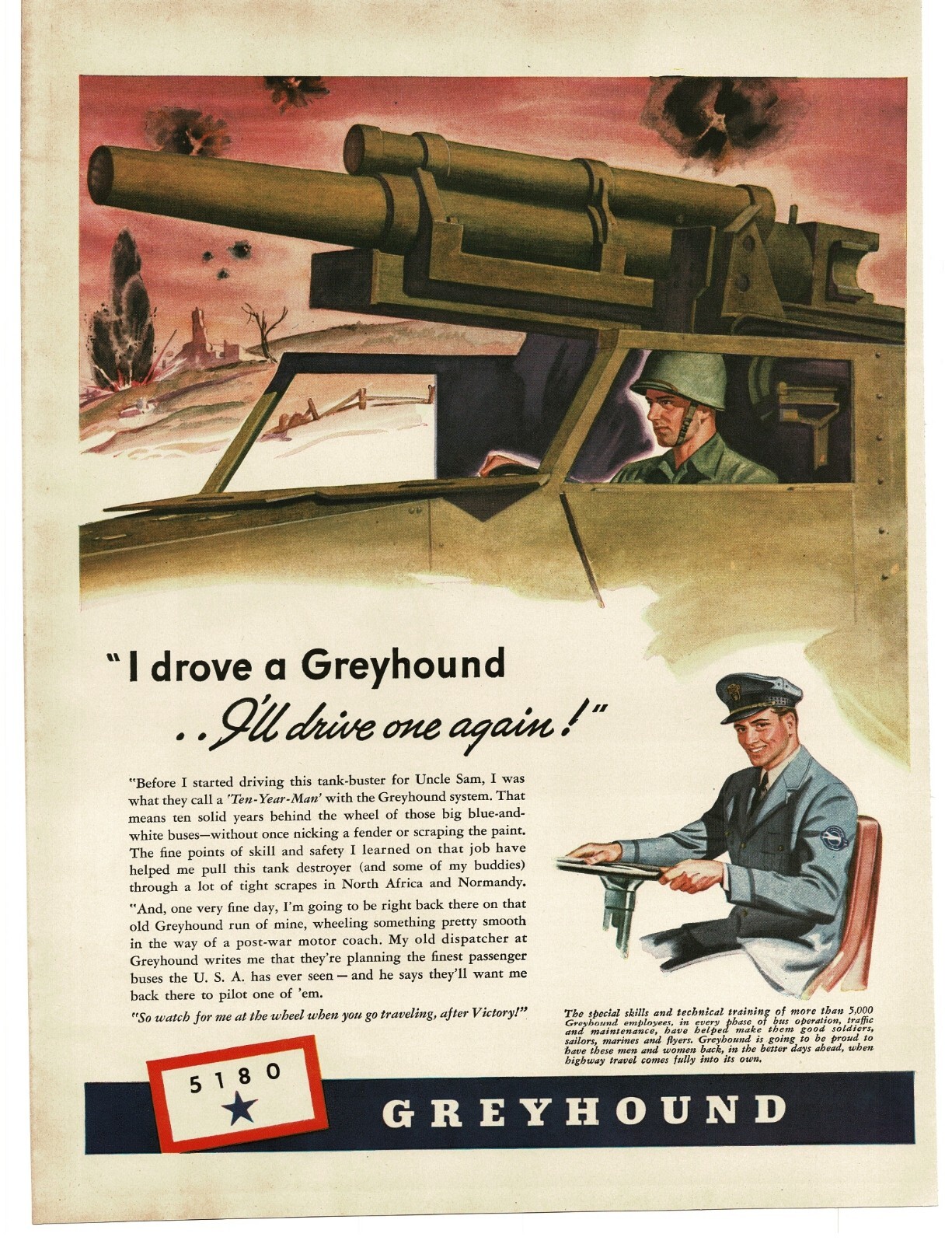 1944 Greyhound Bus Lines Bus Driver drives M3 Half Track art WWII Print Ad