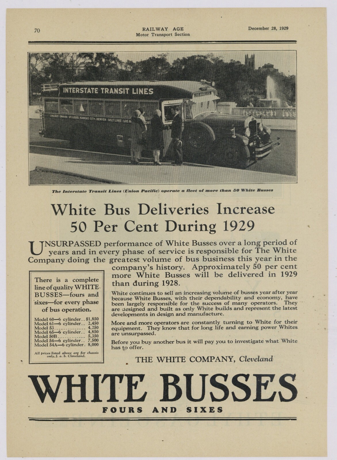 1929 White Bus Ad: Interstate Transit Lines by Union Pacific Railroad, LA BOUND!