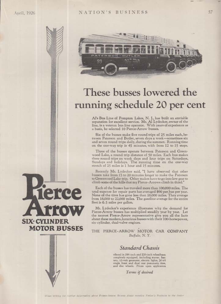 These buses lowered Al’s Bus Line running schedule 20%: Pierce Arrow ad 1926