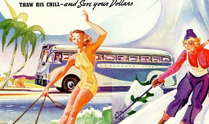 1940s Greyhound Bus Lines Magazine Print Ad Woman Skiing