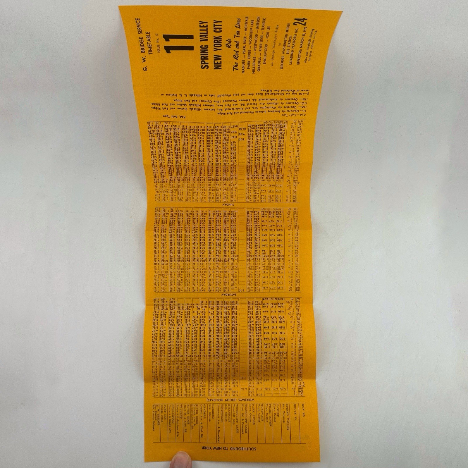 Red & Tan Lines Route 11 Timetable Lot Issue 28 & 12 Spring Valley GWB NYC 1970