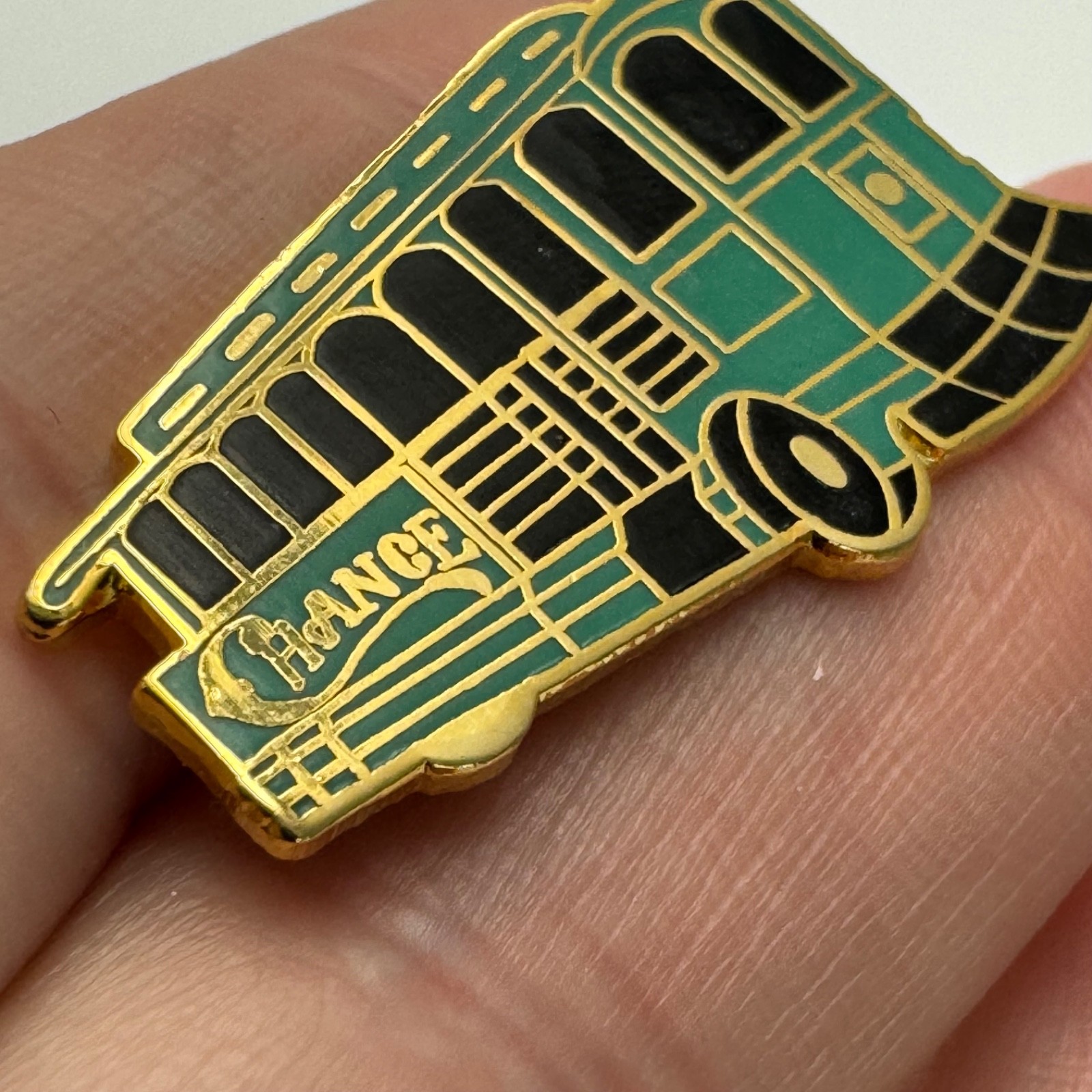 Chance Coach Transit Bus Lapel Pin Trolley Streetcar Green Gold Vintage