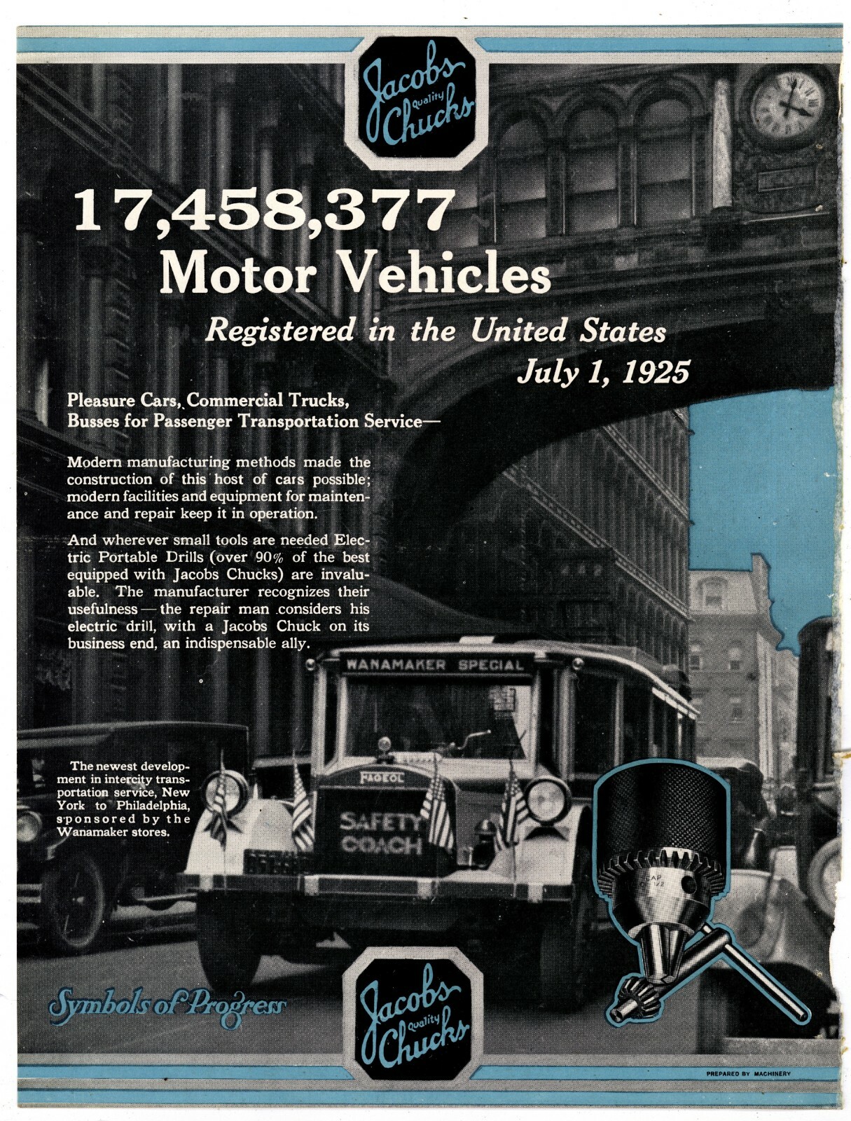 1925 Jacobs Chucks 1 pg. 2 Sided Ad on Card Stock: Fageol Wanamaker Special Bus