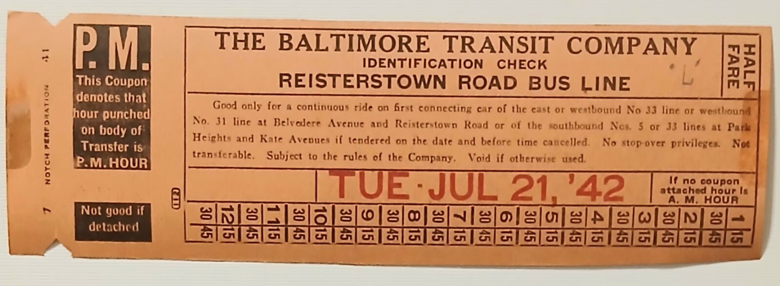 1942 The Baltimore Coach Company Bus Ticket ID Check Reisterstown Road
