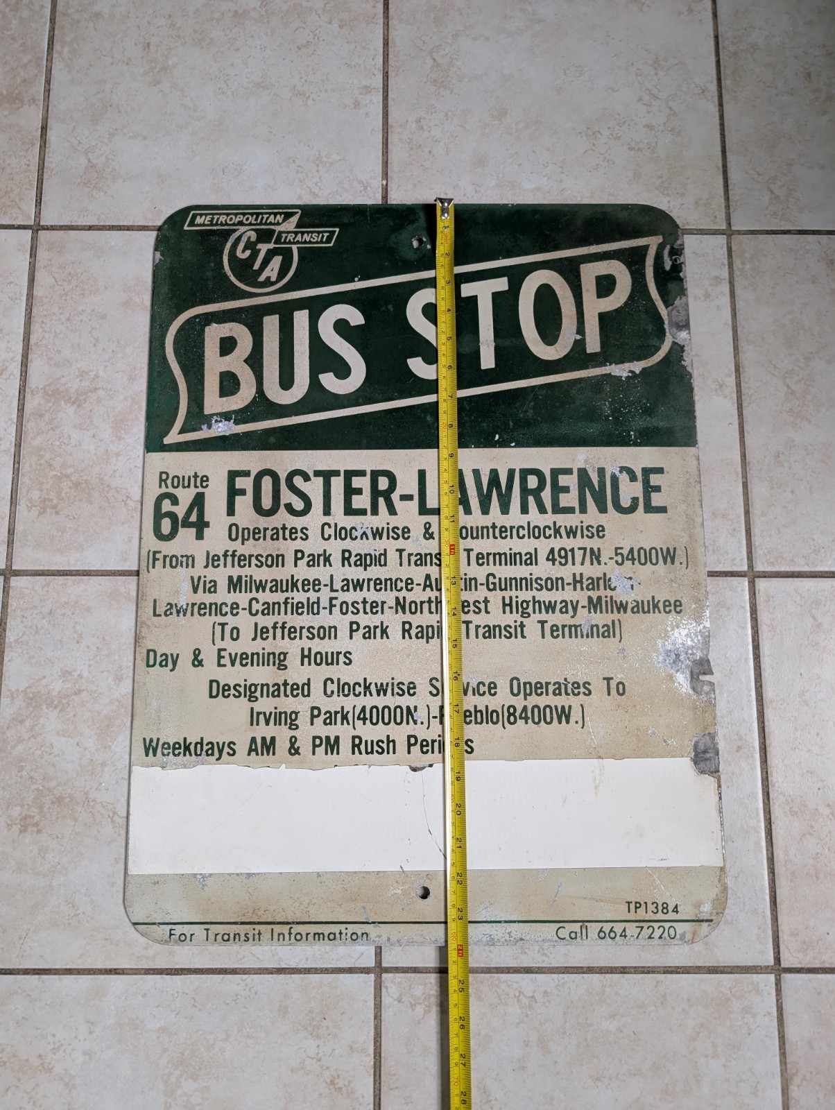 1950s/1960s Green CTA Chicago Transit Authority Bus Stop Sign Vintage 64 Foster
