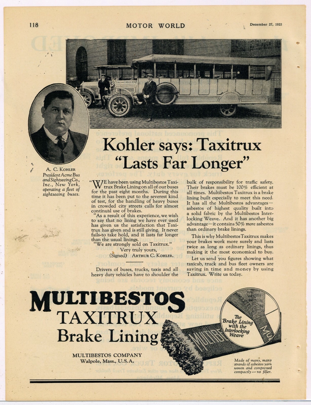 1923 Multibestos Ad: ACME Bus & Sightseeing Co. New York City Interview, Bus Pic