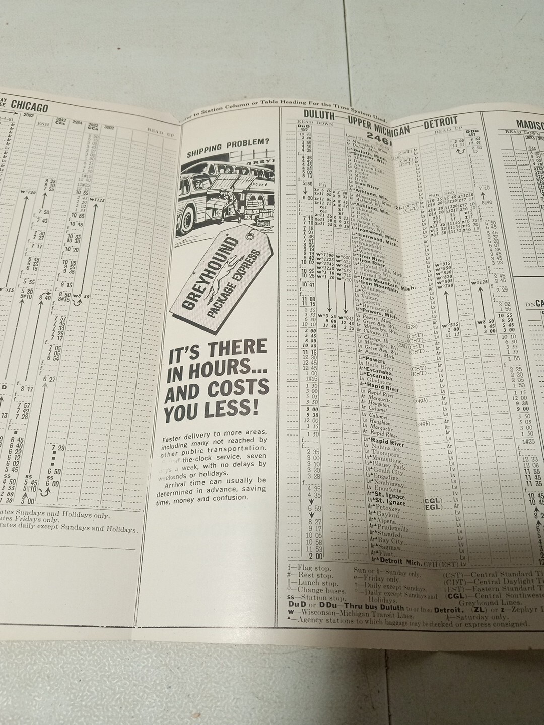 Central-Southwestern Greyhound Bus Time Table January 4th 1961