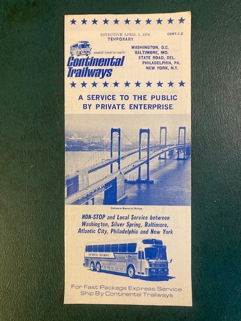 Vintage 1974 Continental Trailways Bus Timetable April 1 East Coast DC, NY, PA