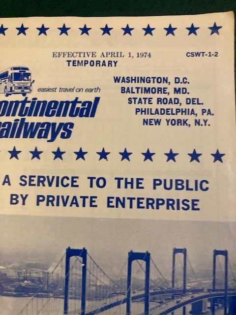 Vintage 1974 Continental Trailways Bus Timetable April 1 East Coast DC, NY, PA