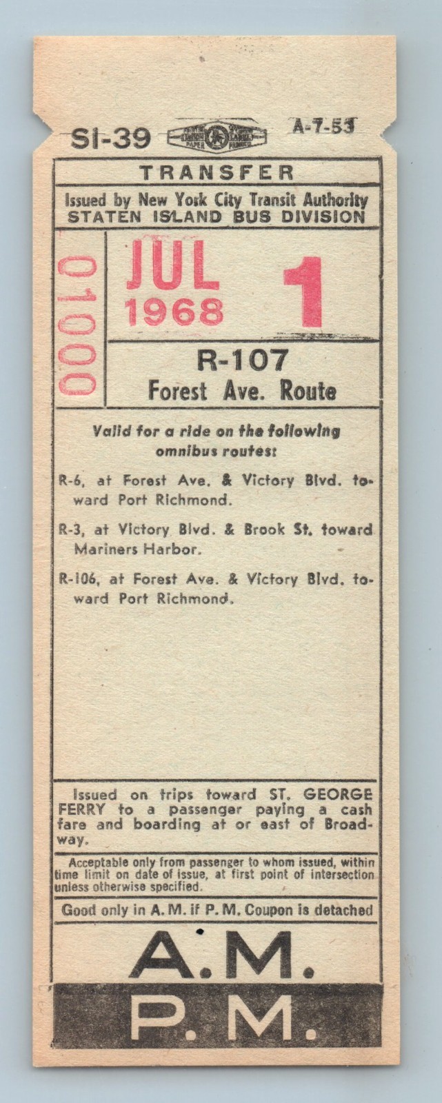 Bus Ticket NYCTA Staten Island R-107 Forest Ave Route Jul 1 1968 SI-39