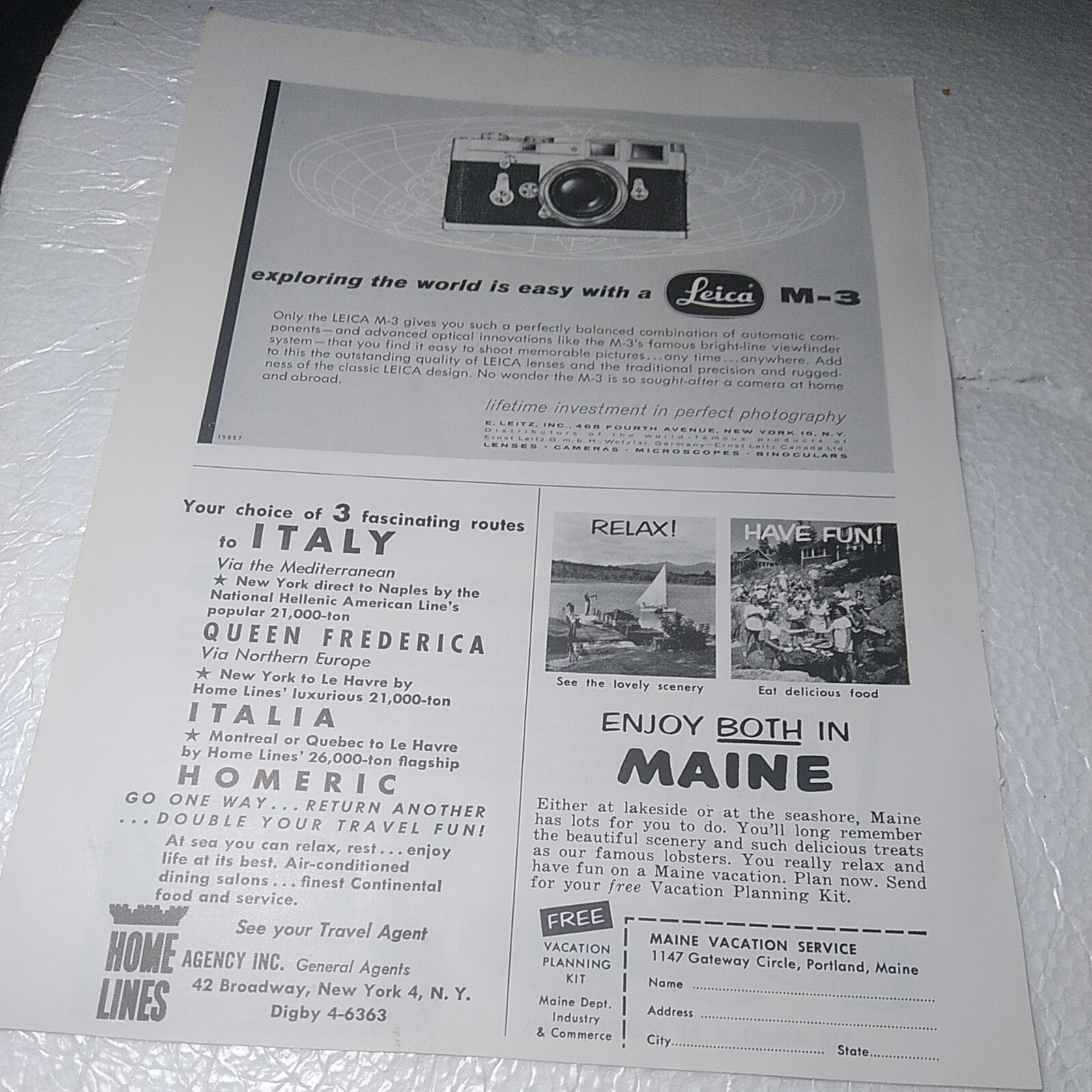 2 Trailways Bus Lines Print Ads 1950s 6.5×9.5″ FLIPSIDE Leica M3 Camera