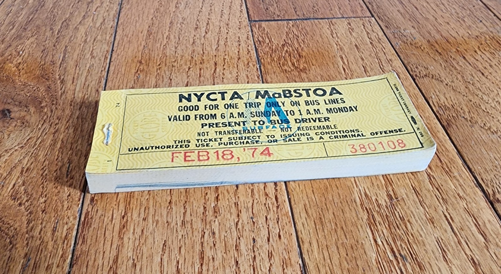 1974 NYCTA MABSTOA NYC BUS TICKET BOOK