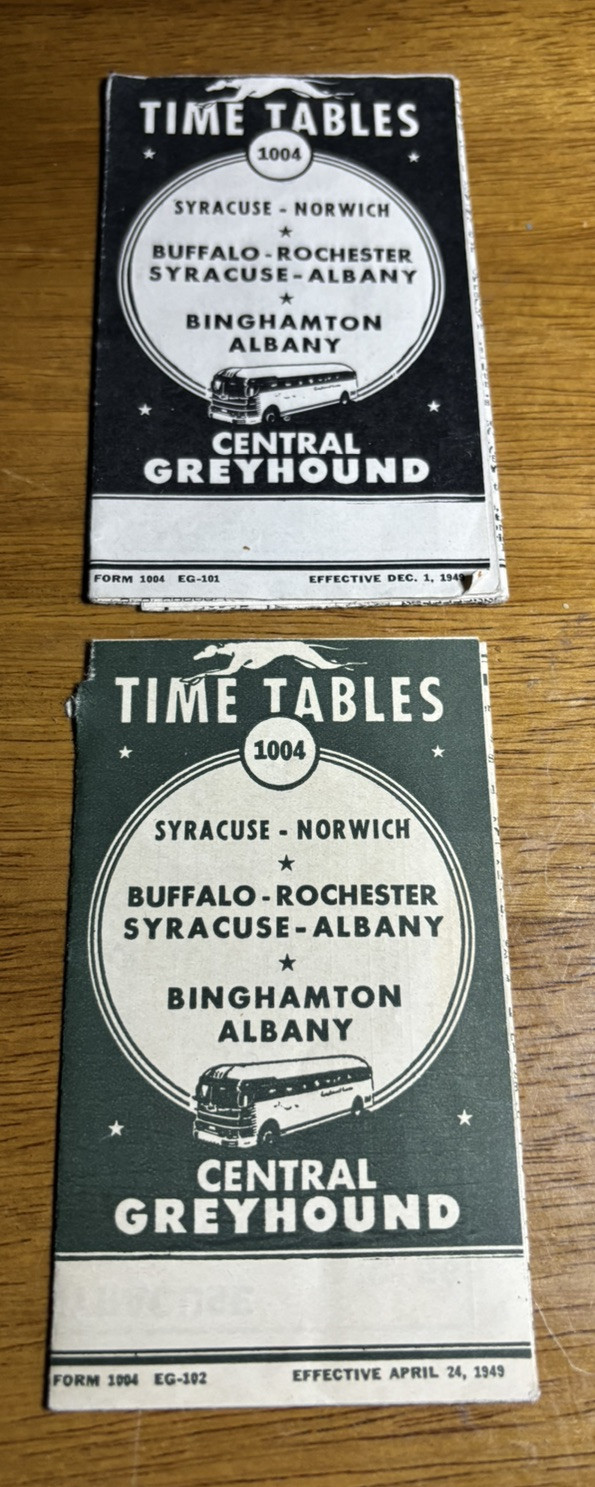 1949 Greyhound Central Timetables Brochures X 2 Syracuse, Albany, Binghamton