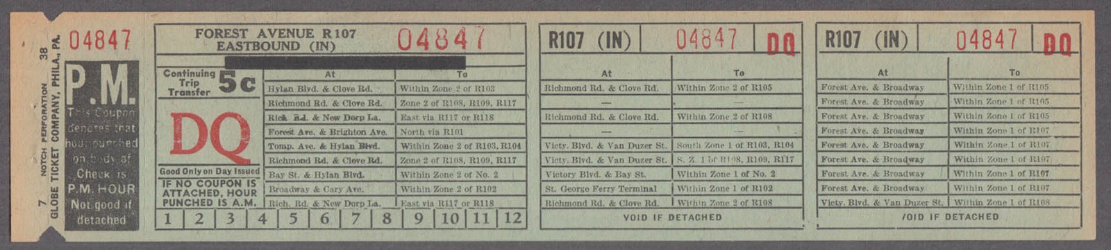 Staten Island Coach Co bus transfer Forest Avenue R107 EB 1938