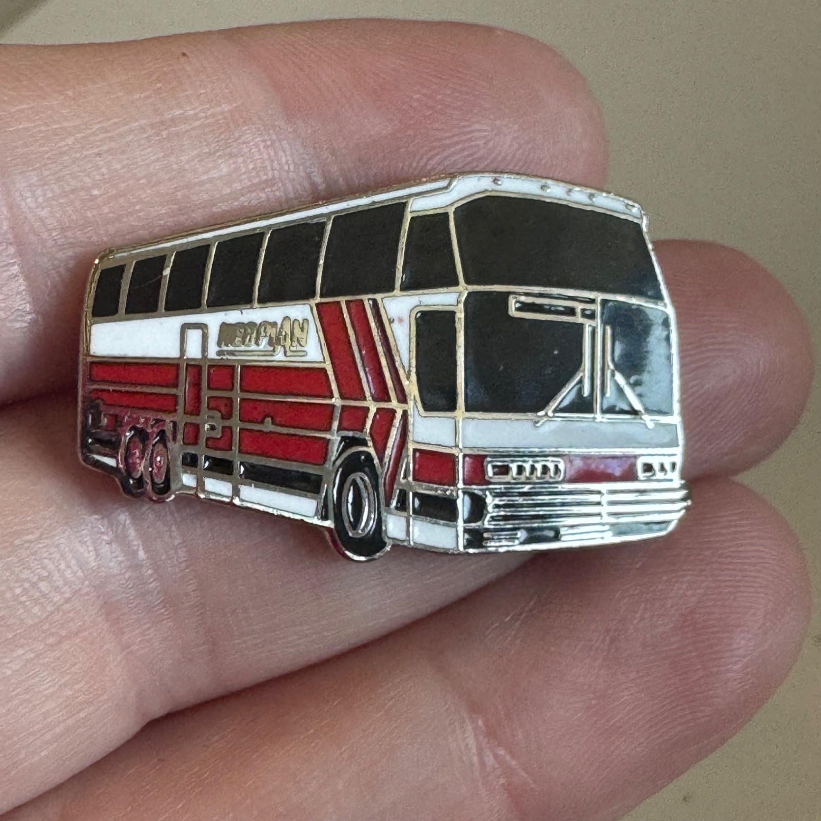 Vintage Neoplan Coach Bus Enamel Lapel Pin Red White Black Transit