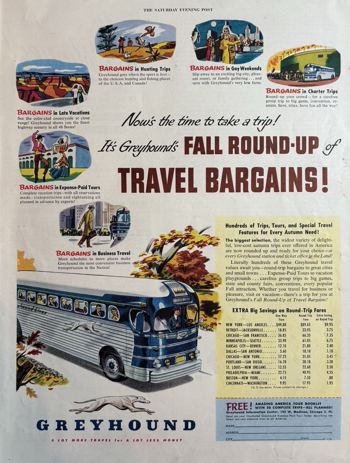 1950 Greyhound Bus Travel bargains Fall Round Up Trip Fares Vintage Print Ad