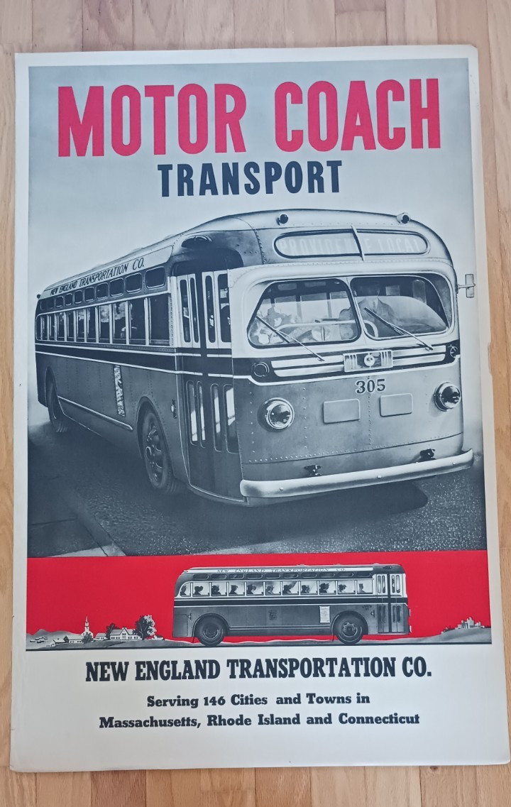Vintage ORIGINAL New England Transportation Co. Motor Coach Bus Poster, 1945?