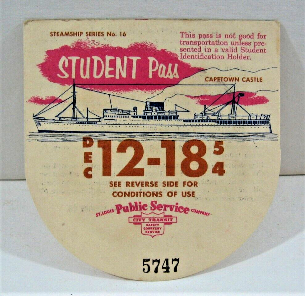 1954 St Louis Public Sedvice Co Student Bus Pass Capetown Castle Steamship Image