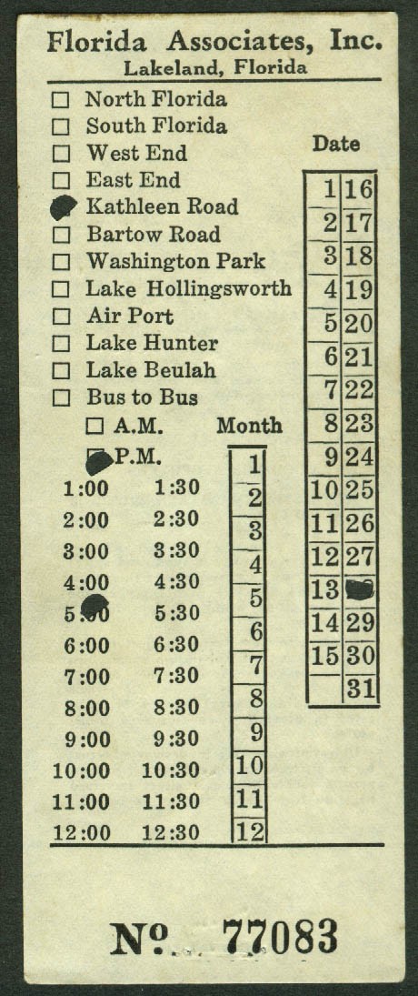 Florida Associates Lakeland FL bus transfer 1941