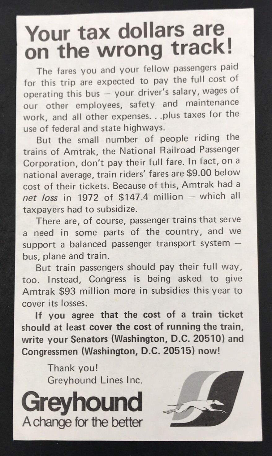 1973 Greyhound Flyer Leaflet Tax Dollars Wasted Amtrak Should Pay Full Share
