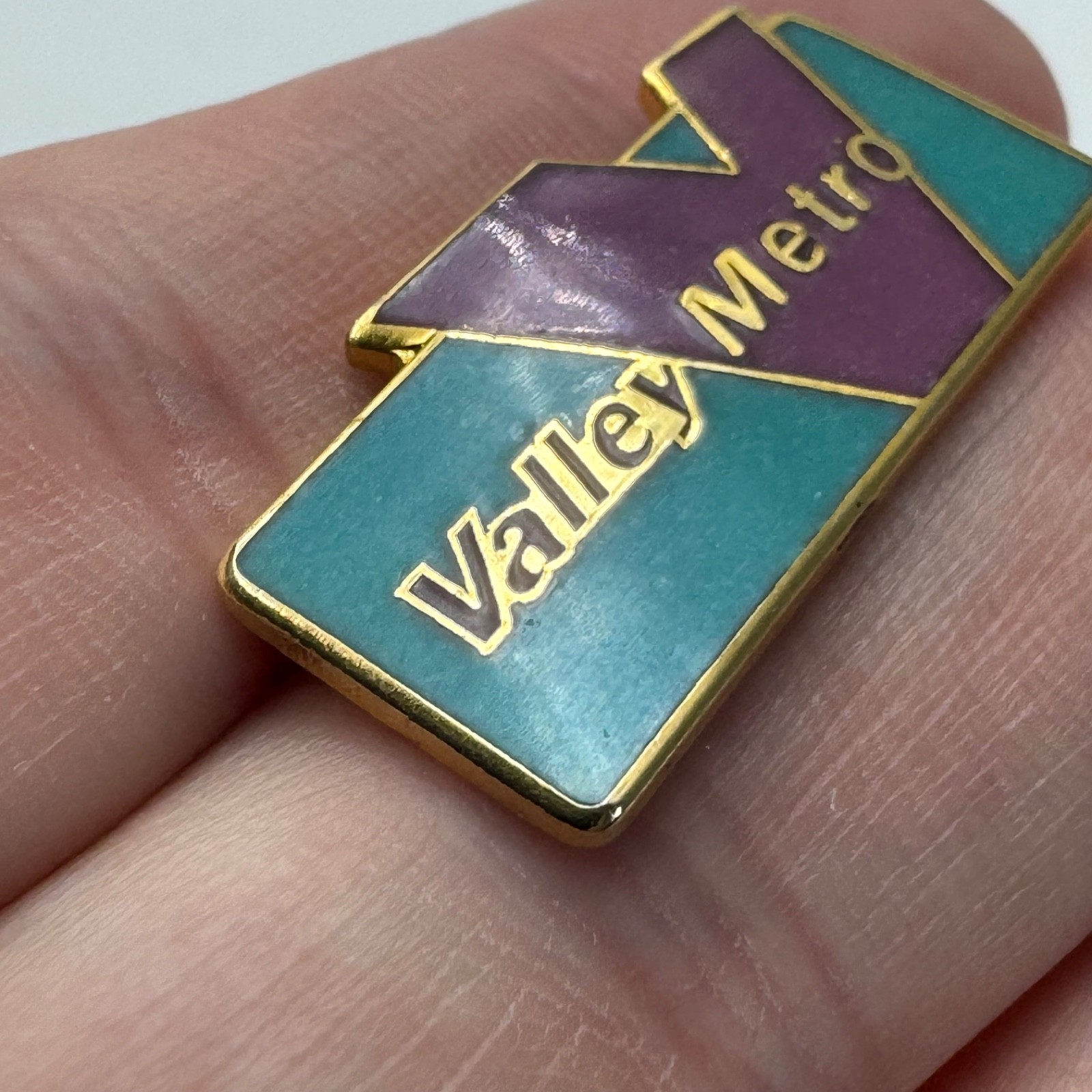 Vintage Valley Metro Transit Logo Teal Purple Geometric Lapel Pin Phoenix