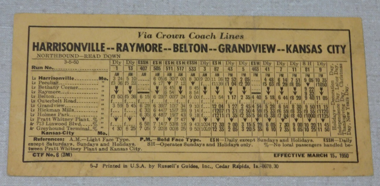 1950 Crown Coach bus passenger timetable Kansas City Belton Raymore Grandview