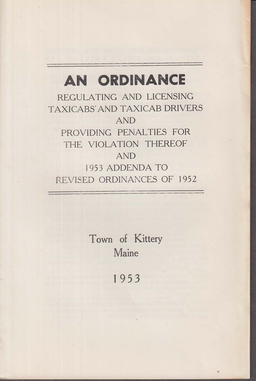 Kittery Maine Ordinance Regulating & Licensing Taxicabs & Drivers 1953