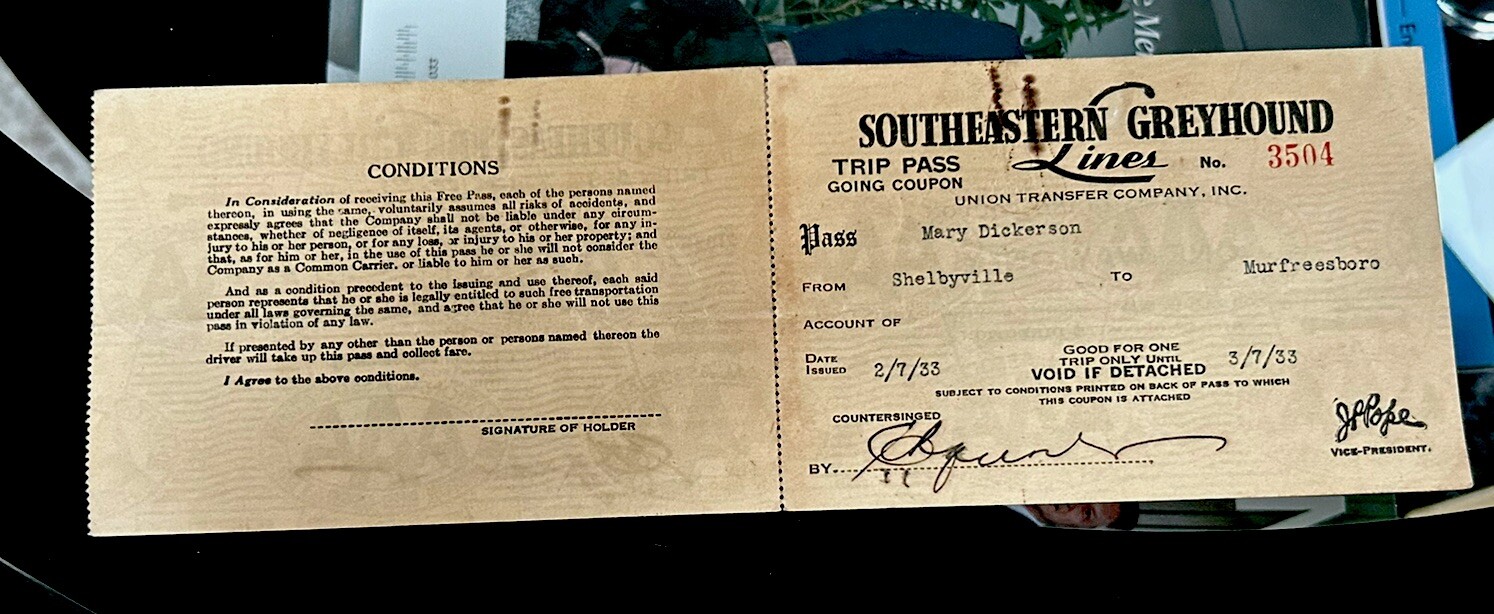 1933 Southeastern Greyhound Bus Lines Trip Pass Nashville Murfreesboro Ticket