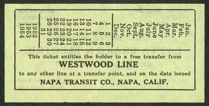 Napa Bus Lines Westwood Line transfer tcket 1952 1953 1954