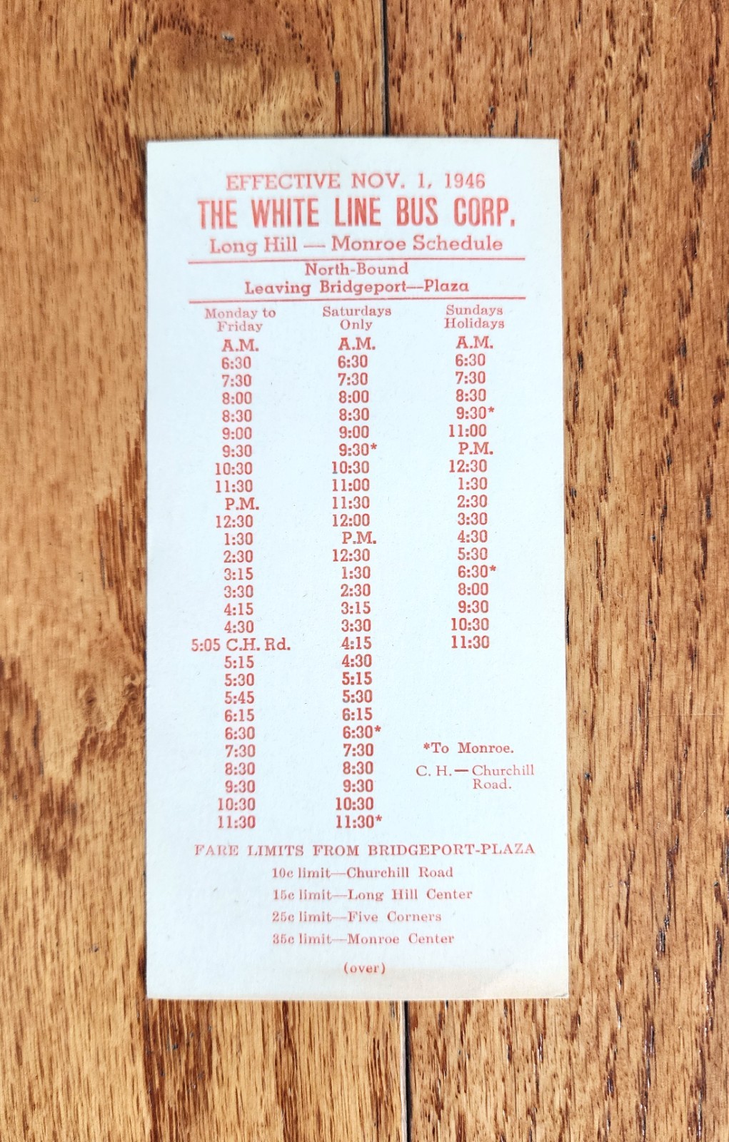 1946 THE WHITE LINE BUS CORP TIME TABLE LONG HILL – MONROE CONNECTICUT