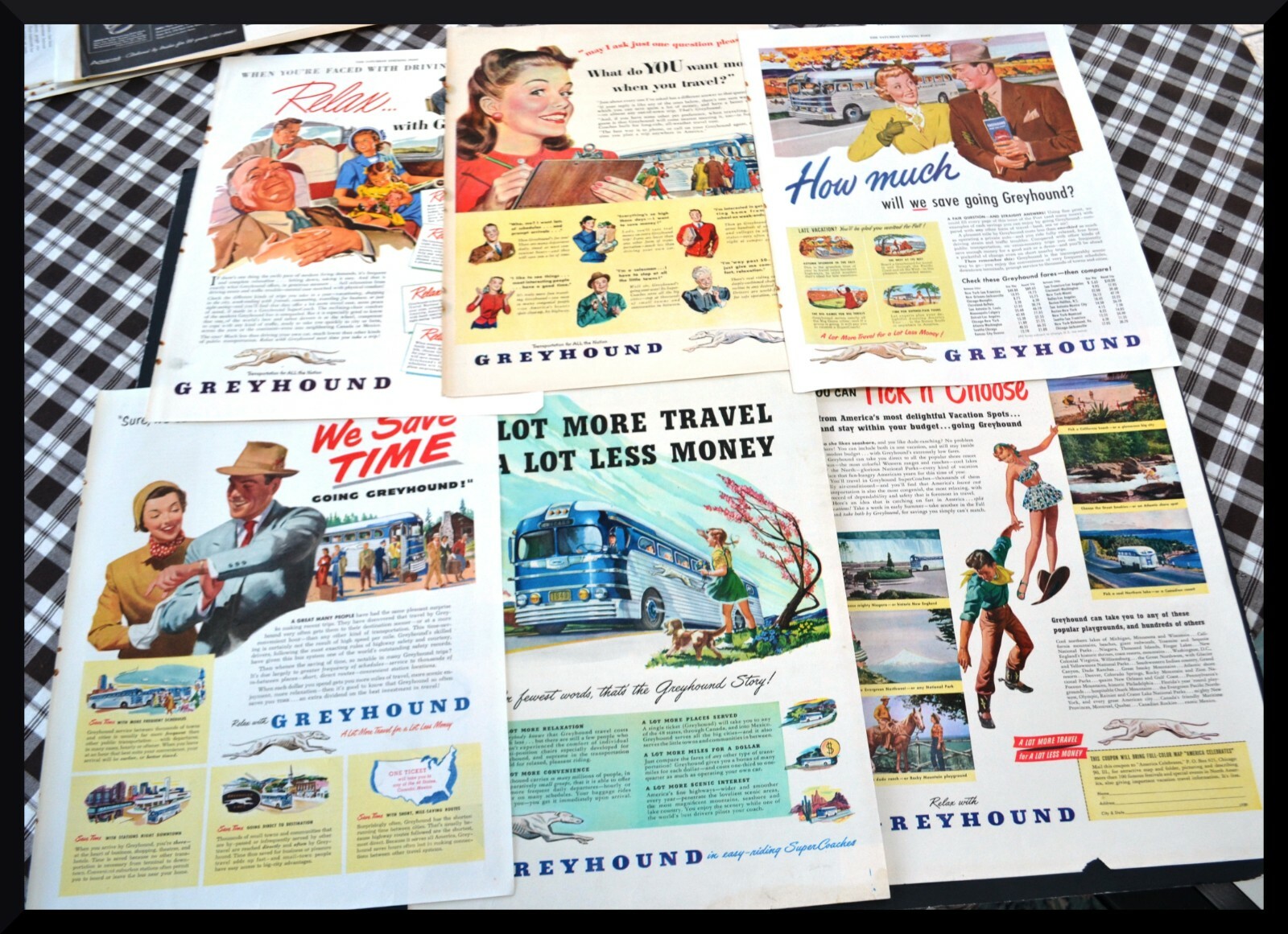 Lot of 6 1948 1949 Greyhound Bus Vintage Print Ads ORIGINALS
