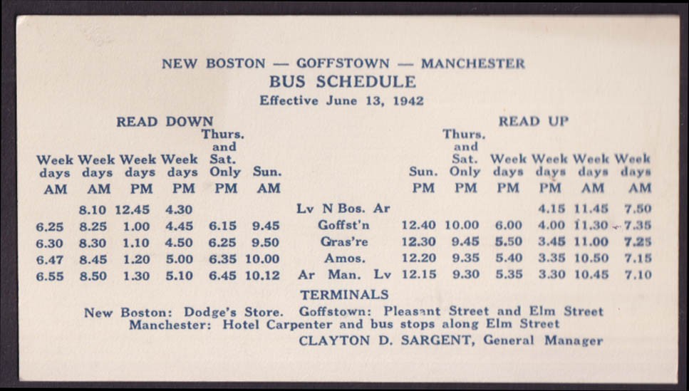 New Boston-Goffstown-Manchester Bus Schedule card 6/13 1942