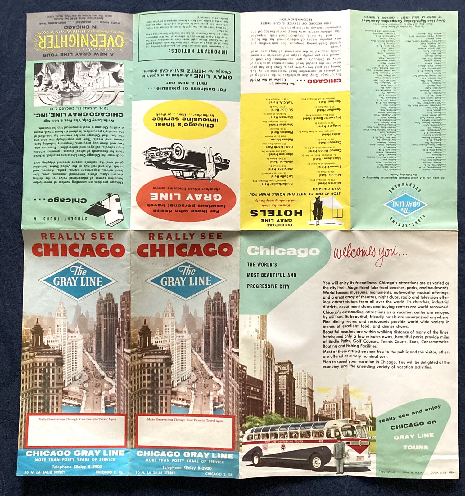 1950s Gray Line Really See Chicago Tour Brochure Guide Chicago Map Insert