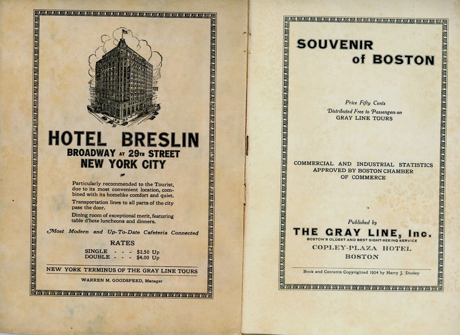 1924 Souvenir Of Boston The Gray Line Inc. Harry J Dooley Tours Ad’s MA Busses